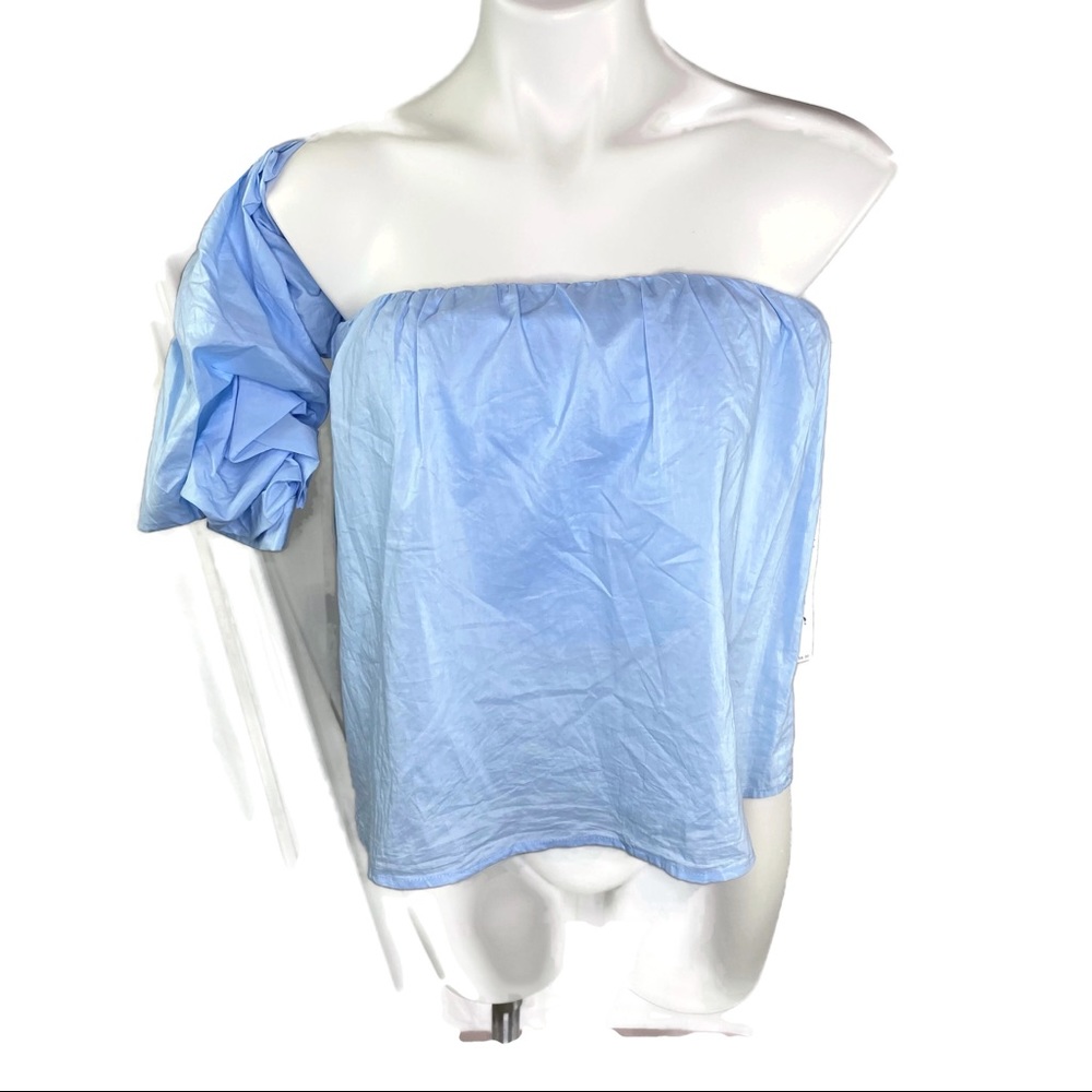 Aqua Crop Top Sky Blue light Cotton With One Off Shoulder Sleeve Size Small - Picture 7 of 16